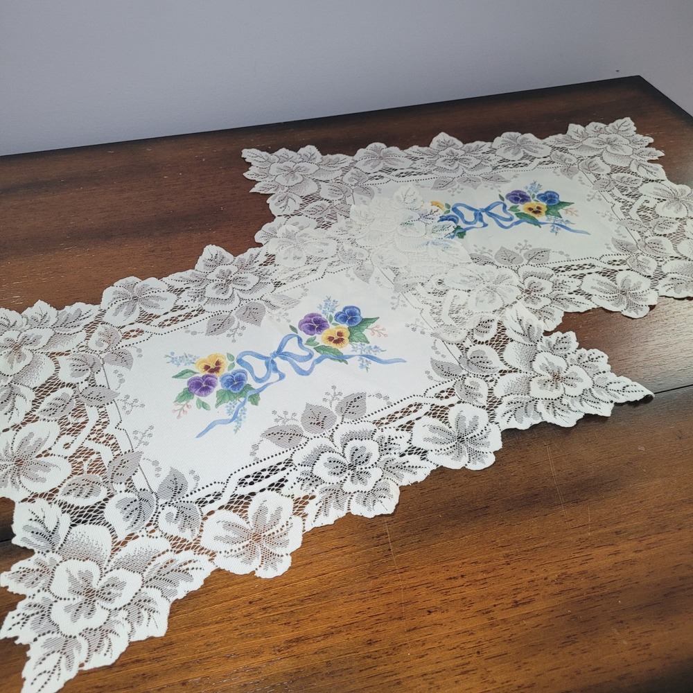 Vintage Pansy Lace Placemats‎ Set of 2 Floral Embroidered Cream Table Linens